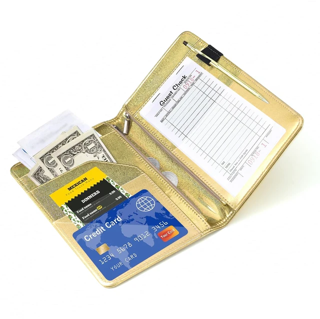 Alt view image 5 of 7 - Server Books for Waitress - Glitter Leather Waiter Book Server Wallet with Zipper Pocket, Cute Waitress Book&Waitstaff Organizer with Money Pocket Fit Server Apron (Glitter Golden)