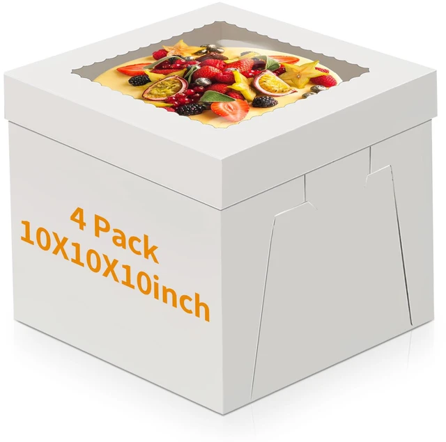 Main image of Cake Boxes 10 inch, Cake Carrier Holder, Storage Transport Container 10×10×10 in, 4 Pcs, Thick Cardboard, Tall and Large, with Clear Window, Easy to Assemble, for Cake Pies Baked Goods