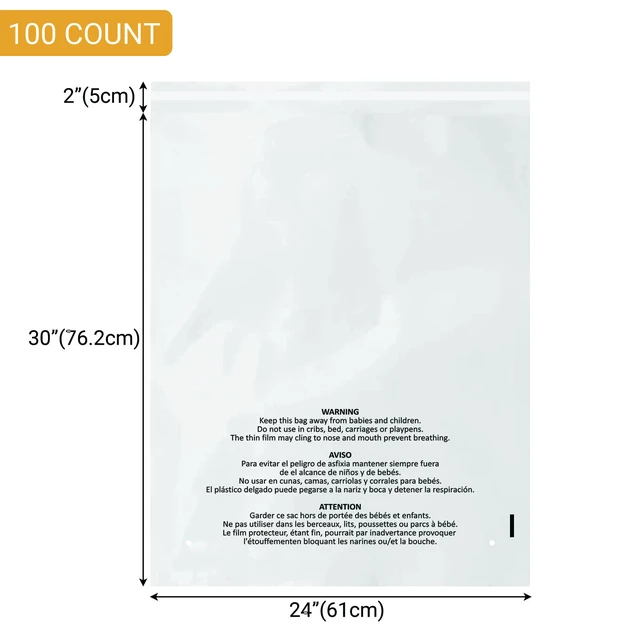 Alt view image 2 of 6 - 100 Count 24x30 Inch Self Seal Clear Poly Bags with Suffocation Warning for Packaging, Shipping & FBA with Permanent Adhesive (1.5mil)