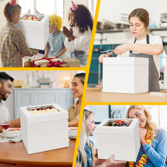 Alt view image 7 of 7 - Cake Boxes 10 inch, Cake Carrier Holder, Storage Transport Container 10×10×10 in, 4 Pcs, Thick Cardboard, Tall and Large, with Clear Window, Easy to Assemble, for Cake Pies Baked Goods