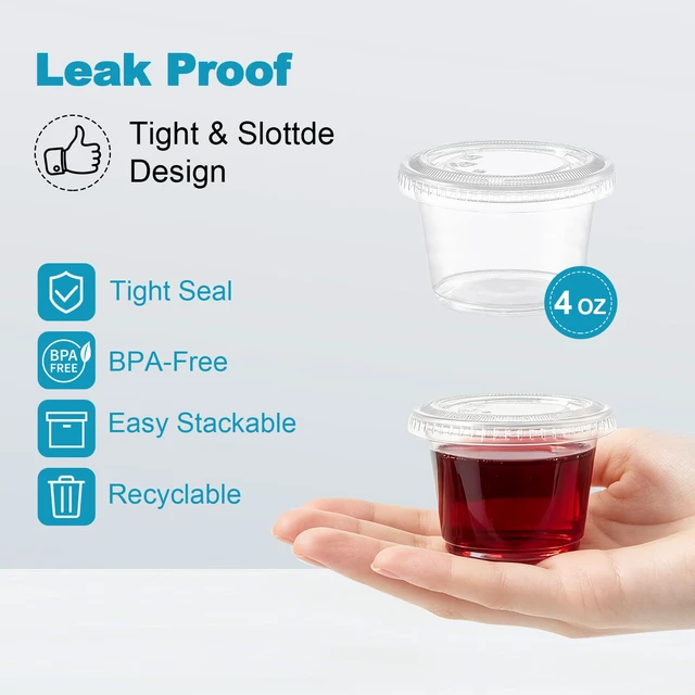Alt view image 3 of 7 - 360 Set 4 oz Jello Shot Cups with Lids, Small Plastic Condiment Cups Food Safe Disposable Soufflé Storage Portion Containers for Salad, Dressing, Sauce, Dipping, Snacks
