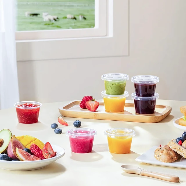 Alt view image 5 of 7 - 360 Set 4 oz Jello Shot Cups with Lids, Small Plastic Condiment Cups Food Safe Disposable Soufflé Storage Portion Containers for Salad, Dressing, Sauce, Dipping, Snacks