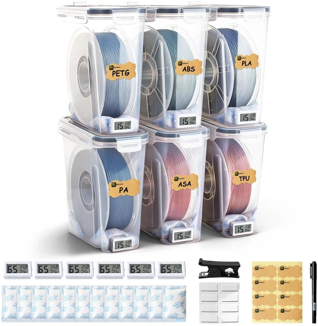 Main image of Filament Storage Box - 6 Pack 4L 3D Printer Filament Containers with 6 Hygrometers, Airtight Dry Boxes for Sealing and Protection, Water-Proof & Dust-Proof, Reusable Desiccant, Tube Cutter
