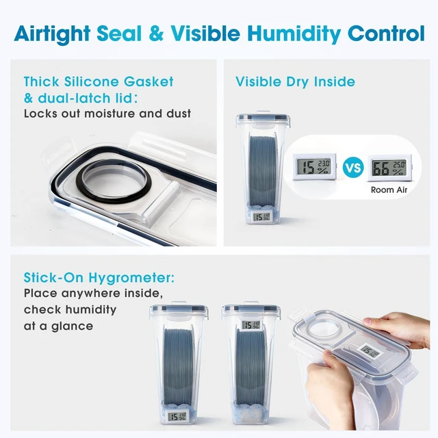 Alt view image 3 of 7 - Filament Storage Box - 6 Pack 4L 3D Printer Filament Containers with 6 Hygrometers, Airtight Dry Boxes for Sealing and Protection, Water-Proof & Dust-Proof, Reusable Desiccant, Tube Cutter