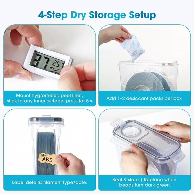 Alt view image 4 of 7 - Filament Storage Box - 6 Pack 4L 3D Printer Filament Containers with 6 Hygrometers, Airtight Dry Boxes for Sealing and Protection, Water-Proof & Dust-Proof, Reusable Desiccant, Tube Cutter