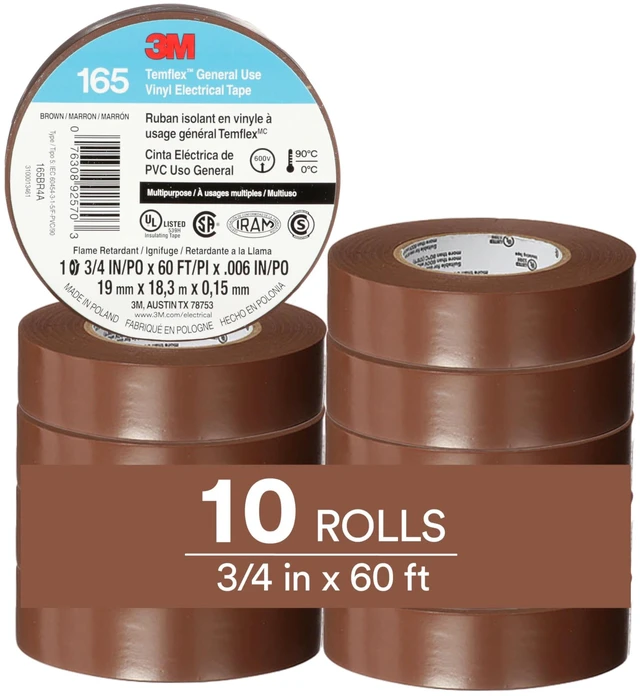 Main image of Temflex Vinyl Electrical Tape 165, 3/4 in x 60 ft, Brown, 10 Roll Pack Multi-Purpose, 19 mm x 18 m