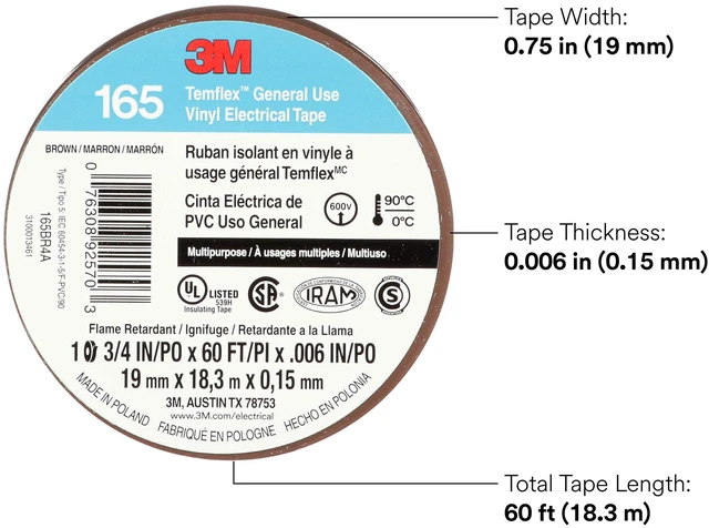 Alt view image 2 of 6 - Temflex Vinyl Electrical Tape 165, 3/4 in x 60 ft, Brown, 10 Roll Pack Multi-Purpose, 19 mm x 18 m