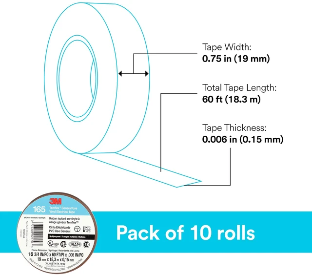 Alt view image 4 of 6 - Temflex Vinyl Electrical Tape 165, 3/4 in x 60 ft, Brown, 10 Roll Pack Multi-Purpose, 19 mm x 18 m