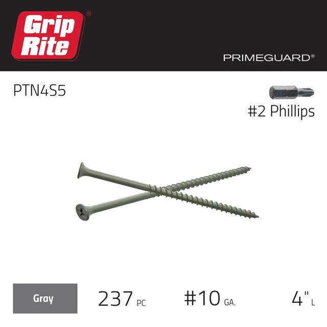 Alt view image 3 of 7 - Exterior Screws - Safe for Use in Treated Lumber - #2 Phillips Bugle Head - Coarse Thread Deck Screws - PrimeGuard Coating - 5lb Box - #9 x 4 - Gray - PTN4S5