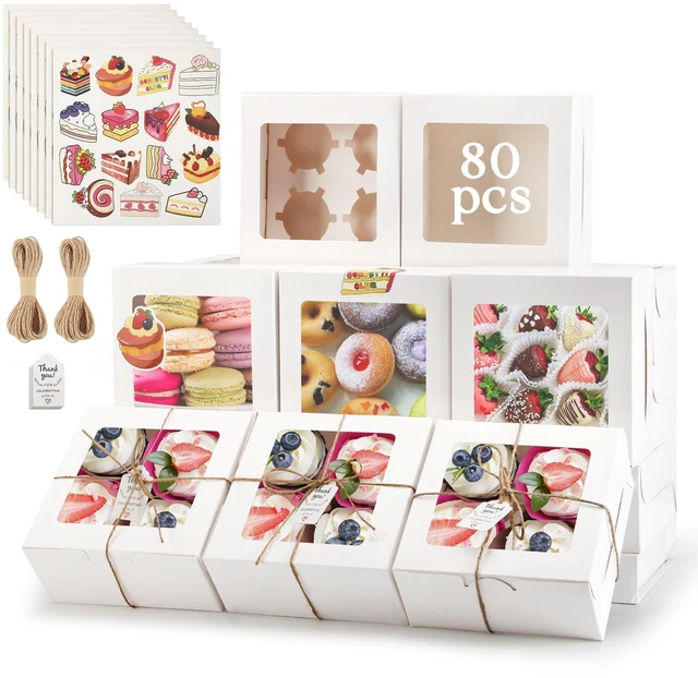 Main image of Cupcake Boxes with Window, 6x6x3 Inches Cookie Boxes,80 Pack,White Bakery Treat Boxes for Pastry, Desserts, Chocolate Strawberries, Cupcake Containerss for Gift Giving with Stickers & Twine