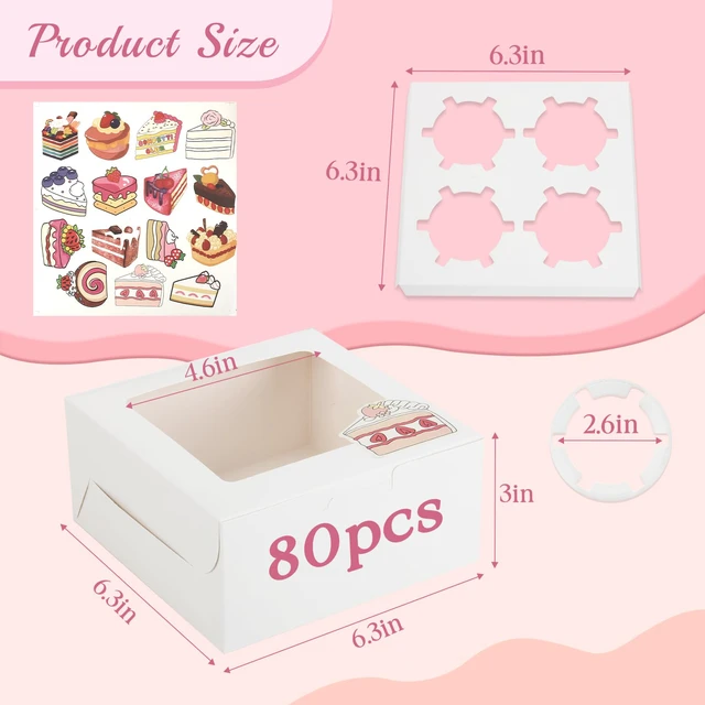 Alt view image 2 of 5 - Cupcake Boxes with Window, 6x6x3 Inches Cookie Boxes,80 Pack,White Bakery Treat Boxes for Pastry, Desserts, Chocolate Strawberries, Cupcake Containerss for Gift Giving with Stickers & Twine