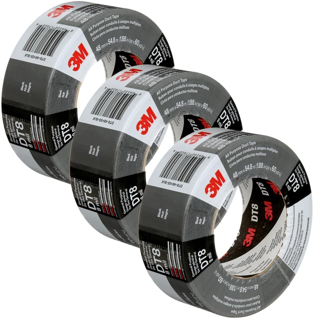 Main image of Duct Tape DT8, 3 Pack, Industrial Strength, Black Color, 1.88 in x 60 yd Multi-Use, Tear by Hand, Professional Grade Adhesive, Perfect for HVAC, Bundling, Moisture Proofing, and Reinforcing