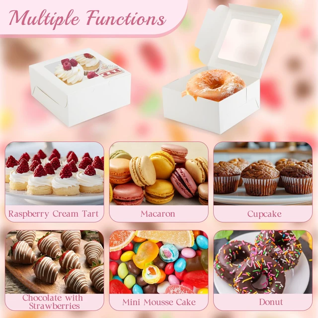 Alt view image 3 of 5 - Cupcake Boxes with Window, 6x6x3 Inches Cookie Boxes,80 Pack,White Bakery Treat Boxes for Pastry, Desserts, Chocolate Strawberries, Cupcake Containerss for Gift Giving with Stickers & Twine