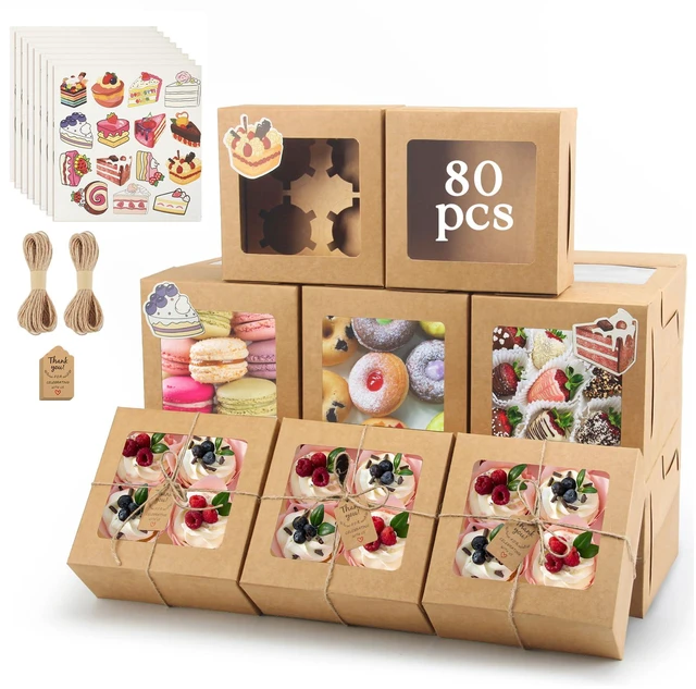 Main image of Cupcake Boxes with Window, 6x6x3 Inches Cookie Boxes,80 Pack,Brown Bakery Treat Boxes for Pastry, Desserts, Chocolate Strawberries, Cupcake Containerss for Gift Giving with Stickers & Twine