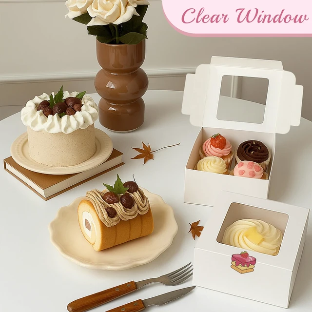 Alt view image 5 of 5 - Cupcake Boxes with Window, 6x6x3 Inches Cookie Boxes,80 Pack,White Bakery Treat Boxes for Pastry, Desserts, Chocolate Strawberries, Cupcake Containerss for Gift Giving with Stickers & Twine