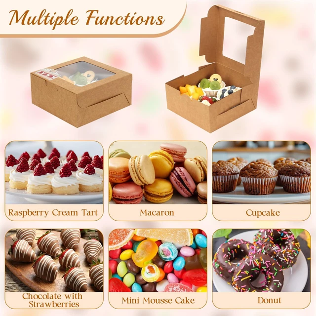 Alt view image 4 of 5 - Cupcake Boxes with Window, 6x6x3 Inches Cookie Boxes,80 Pack,Brown Bakery Treat Boxes for Pastry, Desserts, Chocolate Strawberries, Cupcake Containerss for Gift Giving with Stickers & Twine