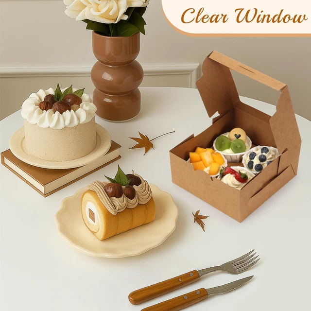 Alt view image 5 of 5 - Cupcake Boxes with Window, 6x6x3 Inches Cookie Boxes,80 Pack,Brown Bakery Treat Boxes for Pastry, Desserts, Chocolate Strawberries, Cupcake Containerss for Gift Giving with Stickers & Twine