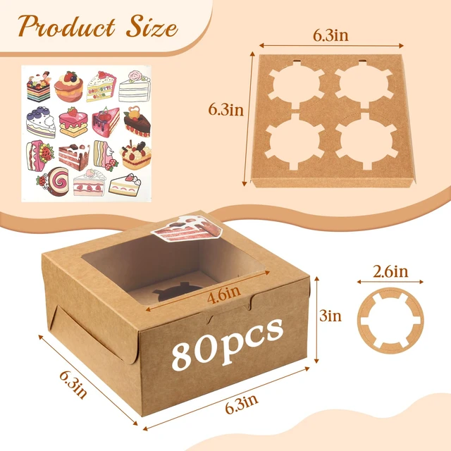 Alt view image 2 of 5 - Cupcake Boxes with Window, 6x6x3 Inches Cookie Boxes,80 Pack,Brown Bakery Treat Boxes for Pastry, Desserts, Chocolate Strawberries, Cupcake Containerss for Gift Giving with Stickers & Twine