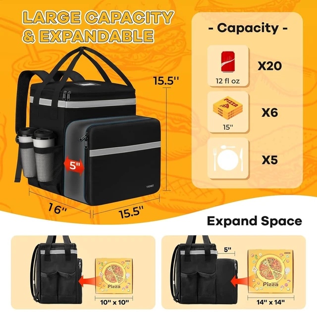 Alt view image 2 of 7 - Delivery Backpack with Cup Holders, XX-Large Expandable Delivery Bag for Hot/Cold Food with Reflective Strip, Insulated Grocery Backpack Fits for Bike, Uber Eats, Grubhub, Doordash, Leak-proof