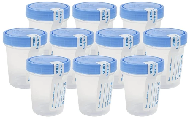 Main image of 781044 Urine Specimen Cups - 4 oz, 10 Count, Lids Sterile Polypropylene, Screw-On Leak Resistant Cap, Tamper Evident Tab, ID Label, Individually Wrapped, STD Pregnancy Testing