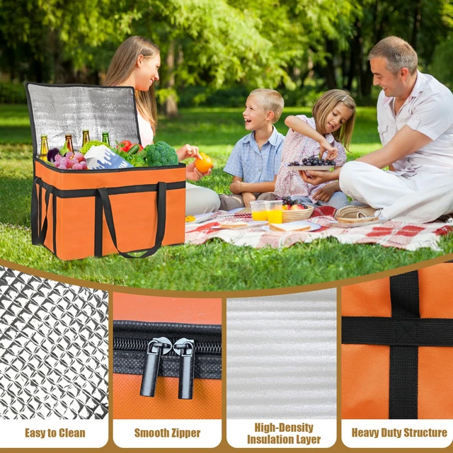 Alt view image 5 of 7 - Insulated Food Delivery Bag, XXXL Catering Bag for Keep Food Warming Large Capacity & Collapsible, Orange Pizza Cooler Bags for Grocery Shopping, Picnics, Takeout, Camping
