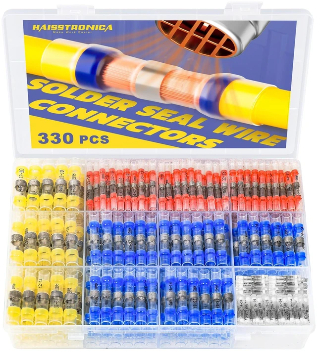 Main image of 330PCS Solder Seal Wire Connectors Kit, 4 Colors/4 Sizes 26-10 AWG, Wire Gauge Markings, Clear Sleeves, Hot-Melt Adhesive Rings, Compartment Storage, Automotive Wiring