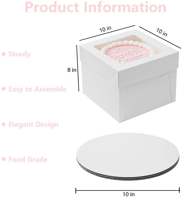 Alt view image 2 of 7 - 5 Pack Cake Boxes, 10x10x8 Inches Tall Cake Box with Cake Boards White Cake Transport Containers with Lids, Disposable Thick Cardboard, Sturdy, Easy to Assemble, for Cake Donuts Pies Cookies
