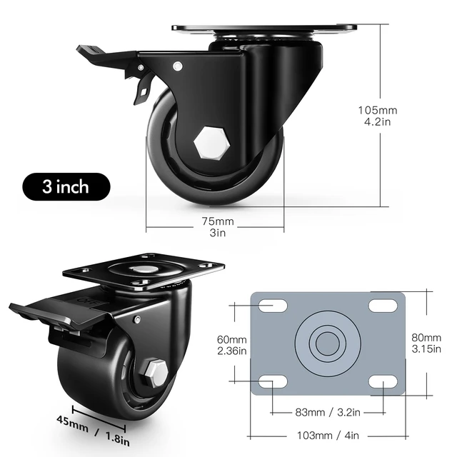 Alt view image 2 of 6 - 3 Inch Heavy Duty Casters Set of 4, Load 4400lbs, Locking Swivel Plate Industrial Casters with Double Ball Bearings, Low Gravity Center Castor Wheels for Furniture, Workbench, Equipment