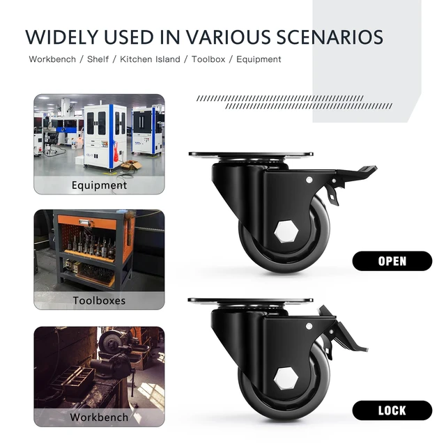 Alt view image 6 of 6 - 3 Inch Heavy Duty Casters Set of 4, Load 4400lbs, Locking Swivel Plate Industrial Casters with Double Ball Bearings, Low Gravity Center Castor Wheels for Furniture, Workbench, Equipment