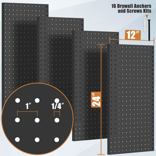 Alt view image 3 of 7 - 4 Pcs Metal Pegboard Panels, Heavy Duty Peg Boards for Garage and Garden Tool Storage, Includes Drywall Anchors and Screws Kits, Black