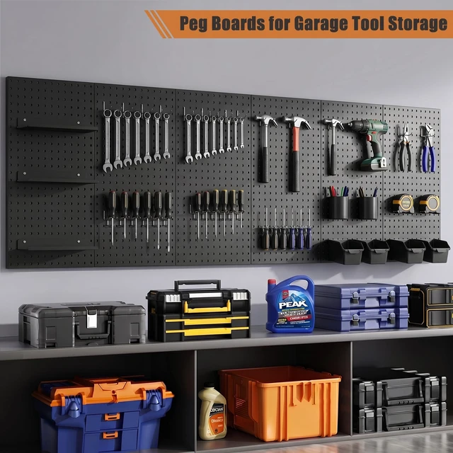 Alt view image 2 of 7 - 4 Pcs Metal Pegboard Panels, Heavy Duty Peg Boards for Garage and Garden Tool Storage, Includes Drywall Anchors and Screws Kits, Black