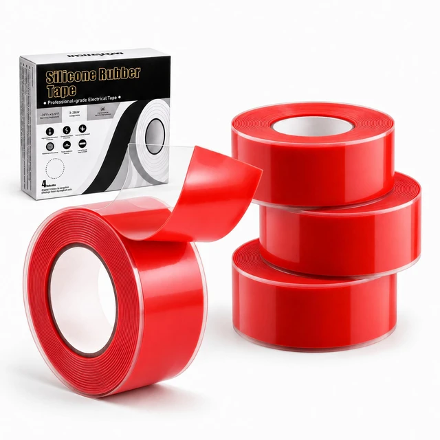 Main image of Red Electrical Tape 1 in x 10 ft Self-Fusing Silicone Rubber 4 Roll Flexible Silicone Rubber, Plumbers Tape for Pipe Leaks, Waterproof & Insulating, Outdoor Coax and Electrical Cables
