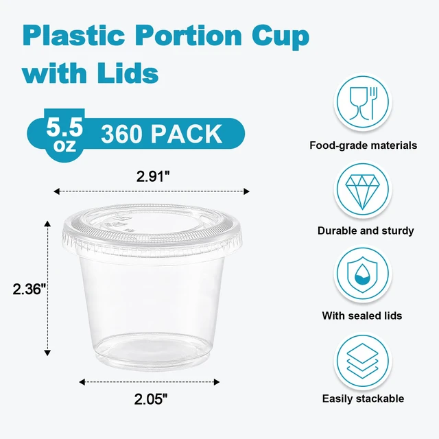 Alt view image 2 of 7 - 360 Set 5.5 oz Jello Shot Cups with Lids, Plastic Condiment Cups Food Safe Disposable Soufflé Storage Portion Containers for Salad, Dressing, Sauce, Dipping, Snacks