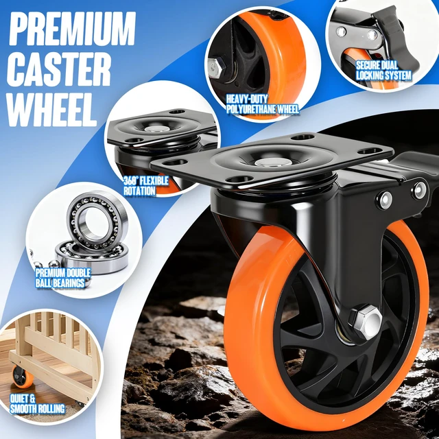Alt view image 6 of 7 - Caster Wheels 5"Heavy Duty Caster Wheels Set of 4, Dual Lock PU Casters, Industrial Swivel Casters for Workbench, Furniture & Tool Cart Smooth, Silent & Durable
