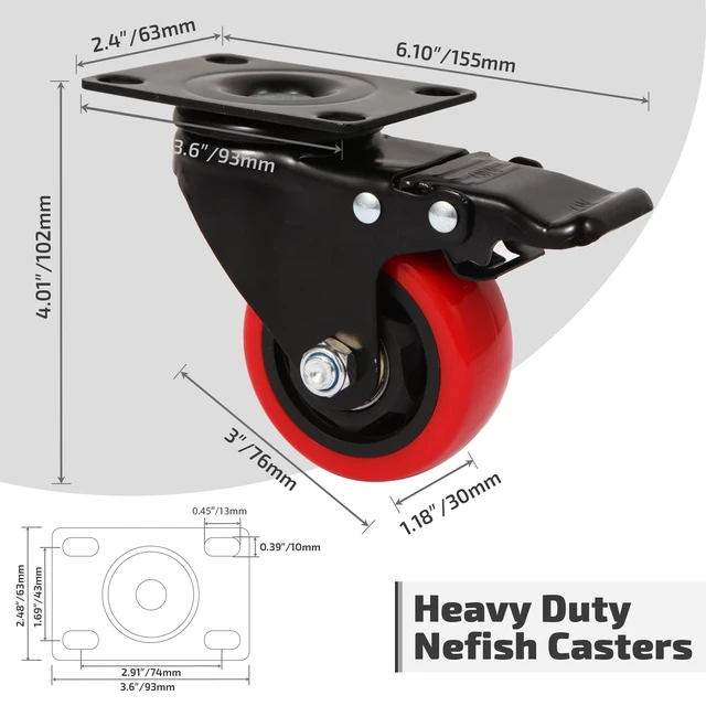Alt view image 2 of 7 - 3 Inch Heavy Duty Casters Wheels (8 Pack), Top Plate Castor Wheels with Brake, 360 Degree Durable Locking Furniture Swivel Cart Wheels, No Noise Polyurethane Wheels for Cabinet, Workbench