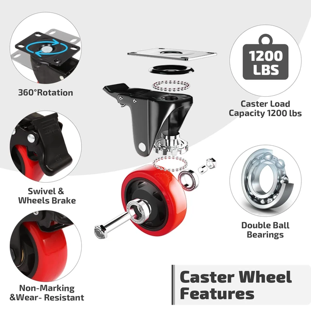 Alt view image 4 of 7 - 3 Inch Heavy Duty Casters Wheels (8 Pack), Top Plate Castor Wheels with Brake, 360 Degree Durable Locking Furniture Swivel Cart Wheels, No Noise Polyurethane Wheels for Cabinet, Workbench