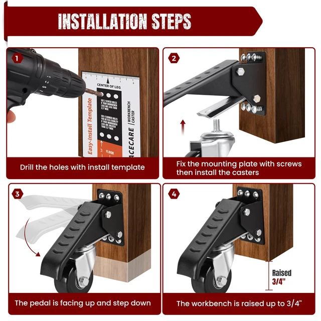 Alt view image 3 of 7 - Workbench Casters Retractable Casters Kit 900Lbs, 4 Heavy Duty Casters Side Mounted All Steel Construction Urethane, Bonus Install Template, 4 Pack