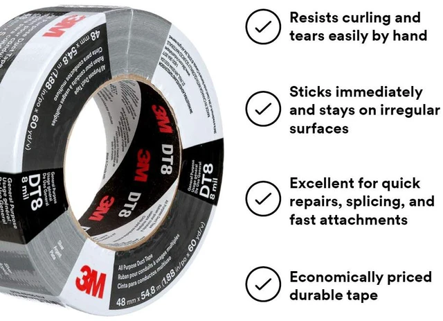 Alt view image 2 of 6 - All Purpose Duct Tape DT8, Silver, 1.88 in x 60 yd, 8 mil, 3 Roll/Pack Industrial Strength, Tear by Hand, Perfect for HVAC, Bundling, Moisture Proofing, and Reinforcing
