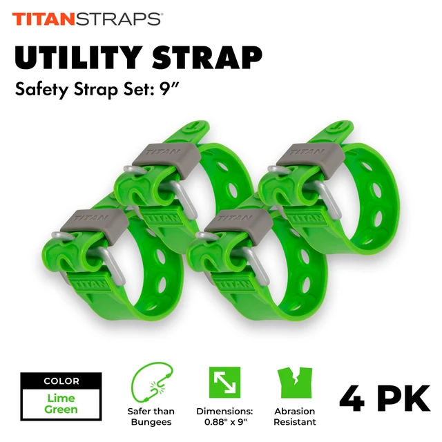 Alt view image 2 of 5 - Titan Utility Straps Easy-to-Use, Reliable Tension Straps for Securing Bike & Moto Gear, Skis, Garden Hoses, Field Repairs Use in Frigid Temps 60 lb.Working Load, 9" Length, Lime Green, 4-Pack