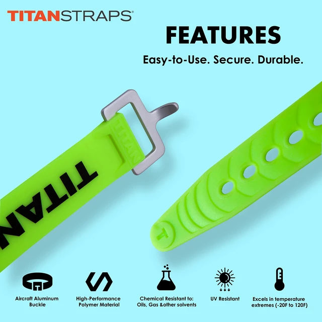 Alt view image 3 of 5 - Titan Utility Straps Easy-to-Use, Reliable Tension Straps for Securing Bike & Moto Gear, Skis, Garden Hoses, Field Repairs Use in Frigid Temps 60 lb.Working Load, 9" Length, Lime Green, 4-Pack
