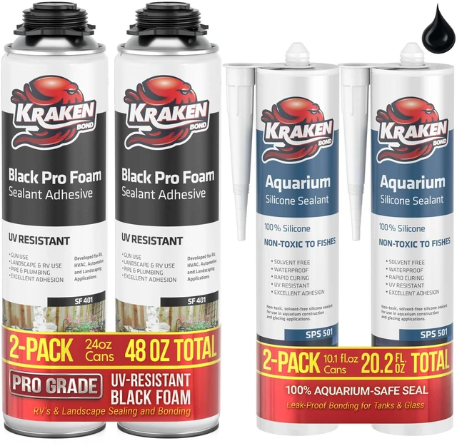 Main image of Black Spray Waterfall Foam Sealant 2x24 oz & Aquarium Silicone Sealant 2x10.1 fl. oz Bundle for Vivarium, Terrarium, Fountain & Aquascape Background, Foam Gun and Cleaner Not Included