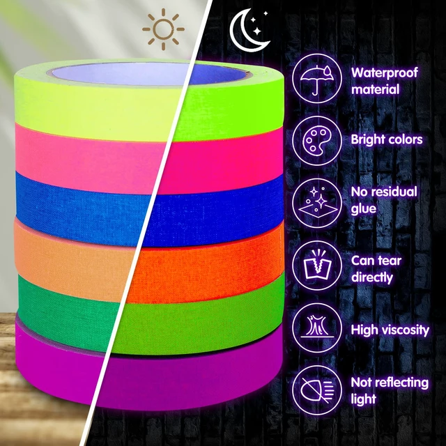 Alt view image 3 of 7 - 6 Colors Neon Gaffer Cloth Tape, Fluorescent Rainbow Color UV Blacklight Tape for UV Party (0.6 inch x 35 feet)