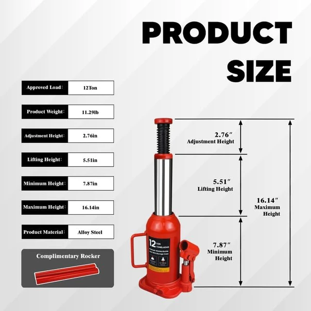 Alt view image 4 of 7 - Hydraulic Bottle Jack with Carrying Case, 12 Ton (26,455 lb) Capacity 7.9-16.2 inch Lifting Range, Muti-Directional Welded Bottle Car Jack for Car, Truck, RV, Pickup Truck, Auto Repair