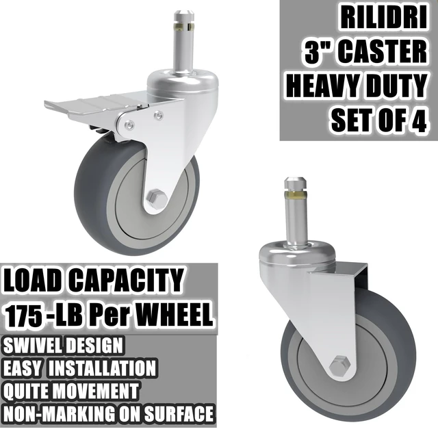 Alt view image 4 of 7 - 3-Inch Swivel Stem Caster, 7/16-Inch Stem Diameter Rubber Wheel, Heavy Duty TPR Replacement Wheels for Rubbermaid Mop Bucket Cart Grill Casters - 4 Pack (2 Brakes 2 Swivel)