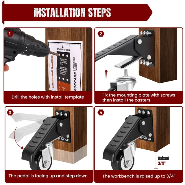 Alt view image 4 of 7 - Retractable Workbench Casters Kit, 800 lbs Capacity 4 Pack Heavy Duty Workbenches Wheeels Adjustable Workbench Casters for Workbenches, Tables, and Cabinets, Easy to Install