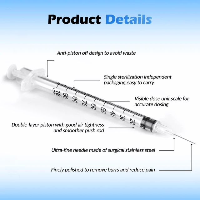 Alt view image 2 of 7 - Syringes 1ml 27 Gauge 1/2 inch U-100 27G 1cc 13mm Lab Syringe, Pack of 100