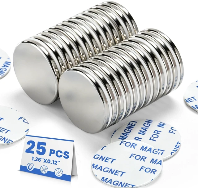 Main image of 25 Pack Strong Neodymium Magnets with Adhesive Backing Powerful Permanent disc Rare Earth Magnet for Fridge Whiteboard DIY Refrigerator Building Scientific Crafts and Office, 1.26" x 0.12"