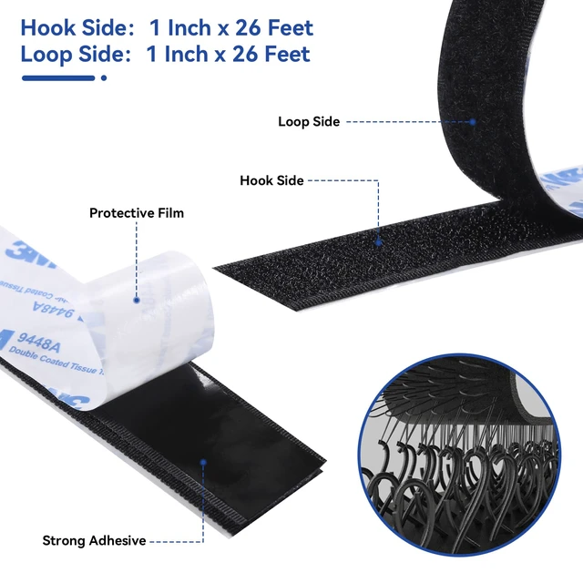 Alt view image 2 of 7 - 26Feet Hook and Loop Tape Sticky Back Fastener Roll, Nylon Self Adhesive Heavy Duty Strips Fastener for Home Office School Car and Crafting Organization (1, Black-3m, 26ft x 1in)