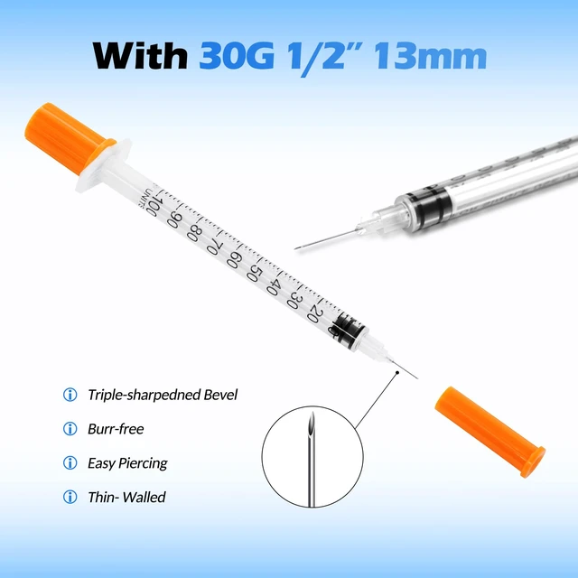 Alt view image 3 of 7 - Syringes 1ml 30 Gauge 1/2" 13mm U-100 30G 1/2 Inch Lab Syringe, Box of 100