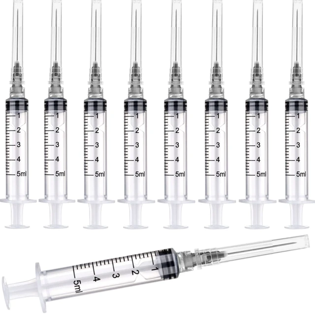 Main image of 100 Pack 5ml/cc Plastic Luer Lock Syringa with 22Ga and Cap, Individually Sealed Wrapped, for Scientific Labs, Measuring Liquid, Refilling Cartridges or Glue Applicator